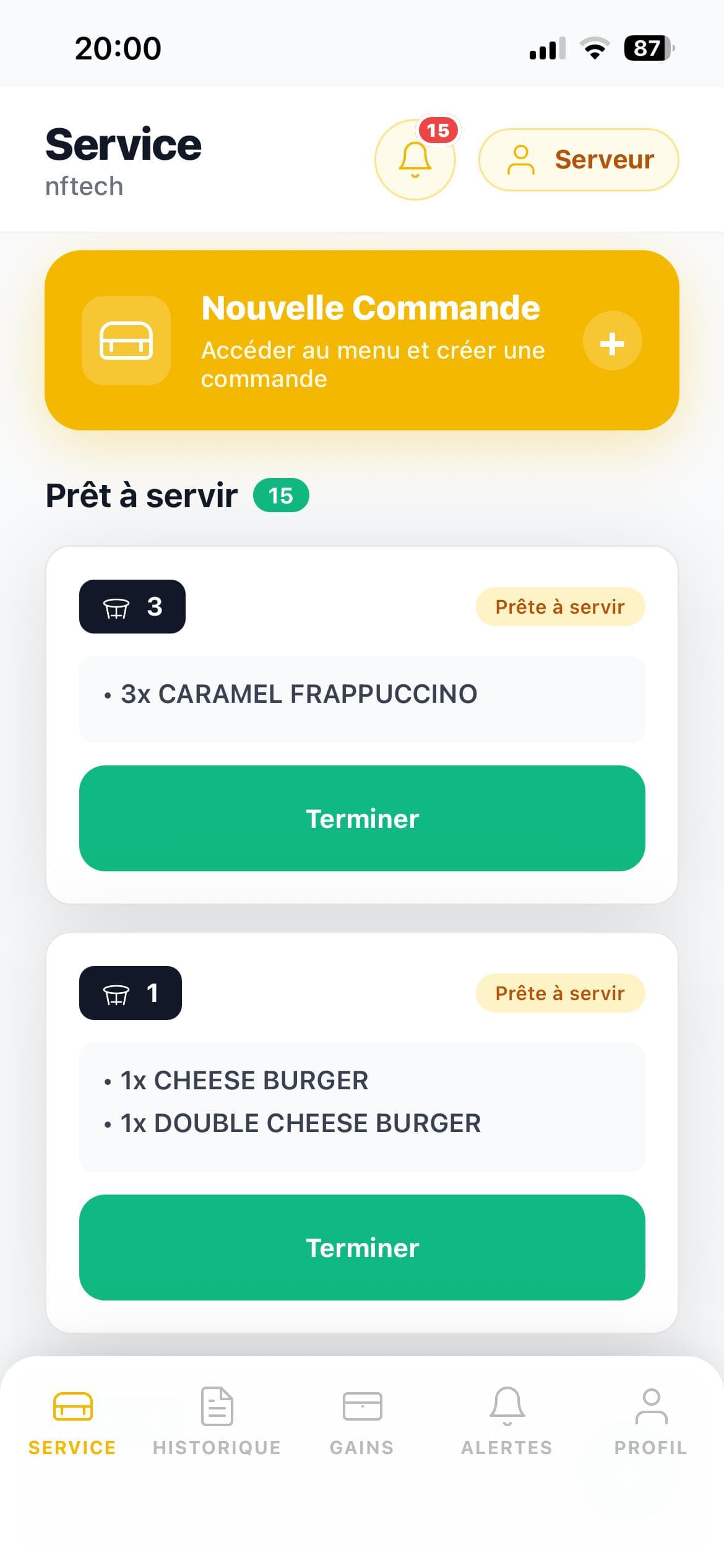 NFTech app — service menu